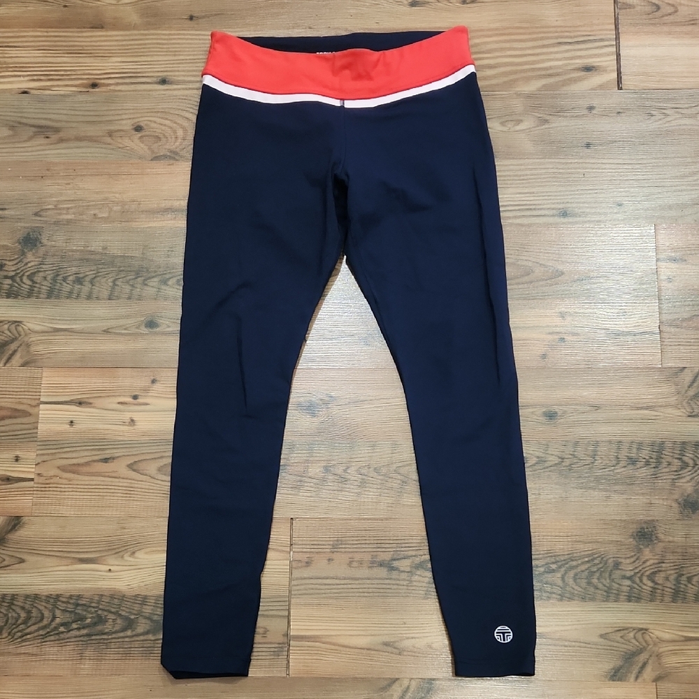 Tory Sport Luxe Athletic Rich Mom Pilates Mid Rise Navy Leggings Ankle Medium